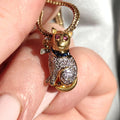 Mid-Century 18K Gold Flirty Sitting Cat Pendant with Bow Natural Diamonds Rubies Sapphires Vintage Figural Kitty Fine Jewelry Collectible