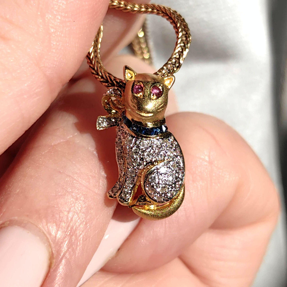 Mid-Century 18K Gold Flirty Sitting Cat Pendant with Bow Natural Diamonds Rubies Sapphires Vintage Figural Kitty Fine Jewelry Collectible