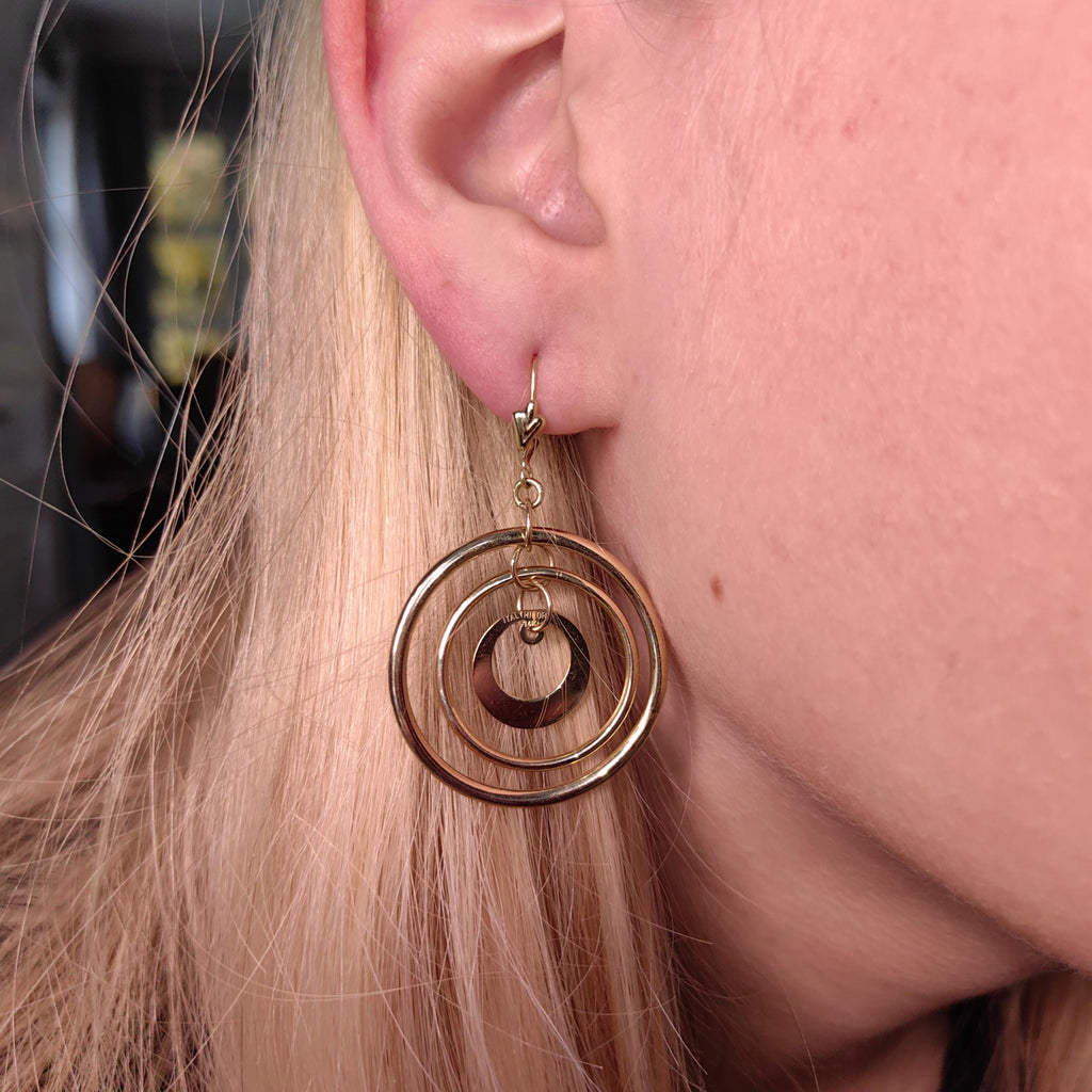 14k Yellow Gold Italy Round Dangle Drop Large Circle Hoop Gipsy Earrings Handmade Gift for Her Present