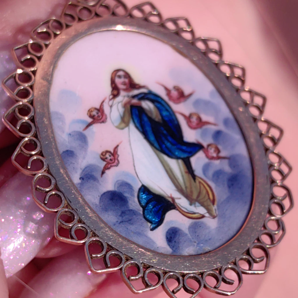 Antique Enamel Virgin Mary Pendant: 14K Gold Art Nouveau Religious Charm