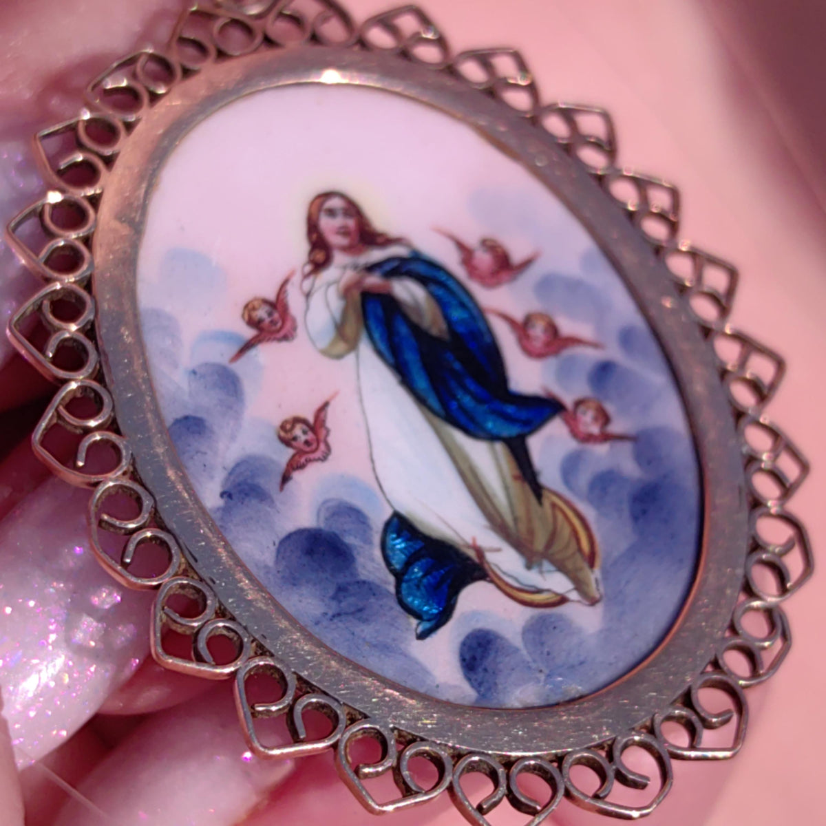 Antique Enamel Virgin Mary Pendant: 14K Gold Art Nouveau Religious Charm