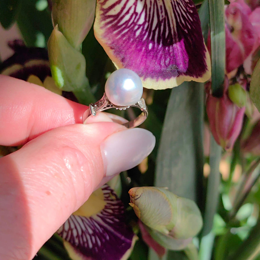 1940s Pearl Diamond Ring: Antique 18k White Gold, Size 6.5