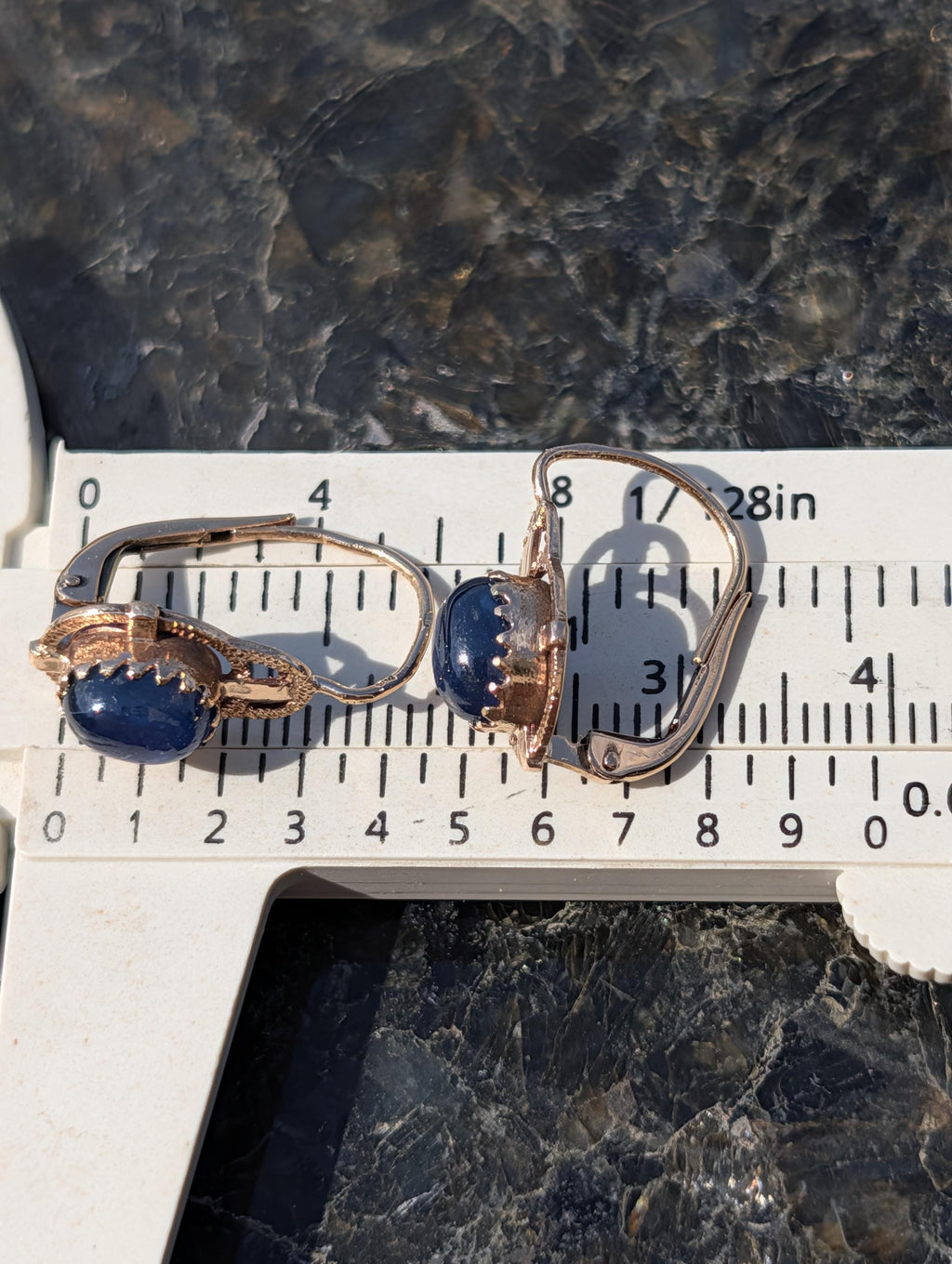 1940s Late Art Deco Natural Sapphire Cabochon 14k Yellow Gold Earrings, Vintage Dangle Lever Back Earrings, Gift for Her Present
