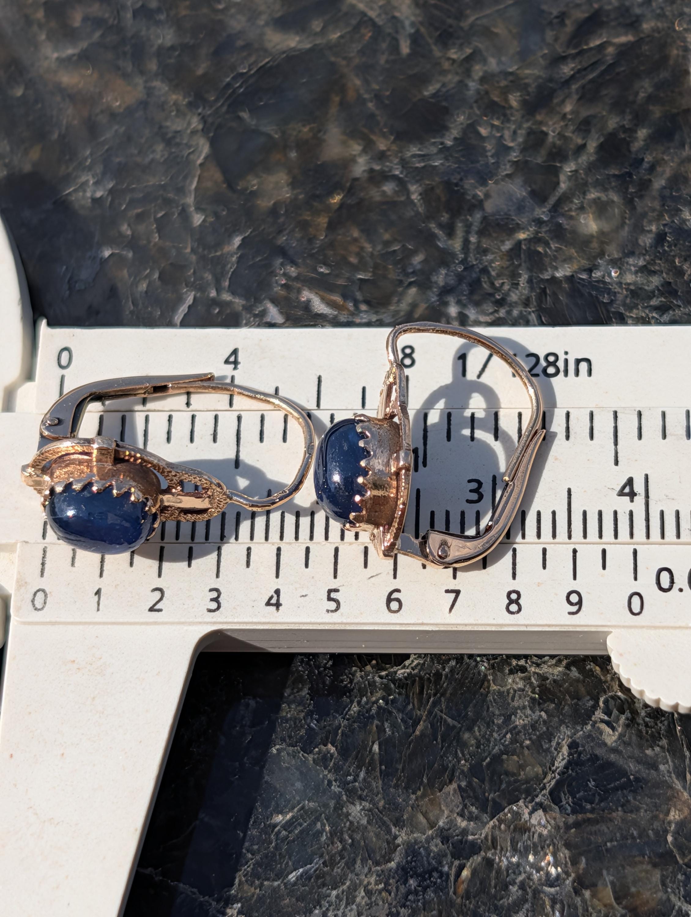 1940s Late Art Deco Natural Sapphire Cabochon 14k Yellow Gold Earrings, Vintage Dangle Lever Back Earrings, Gift for Her Present