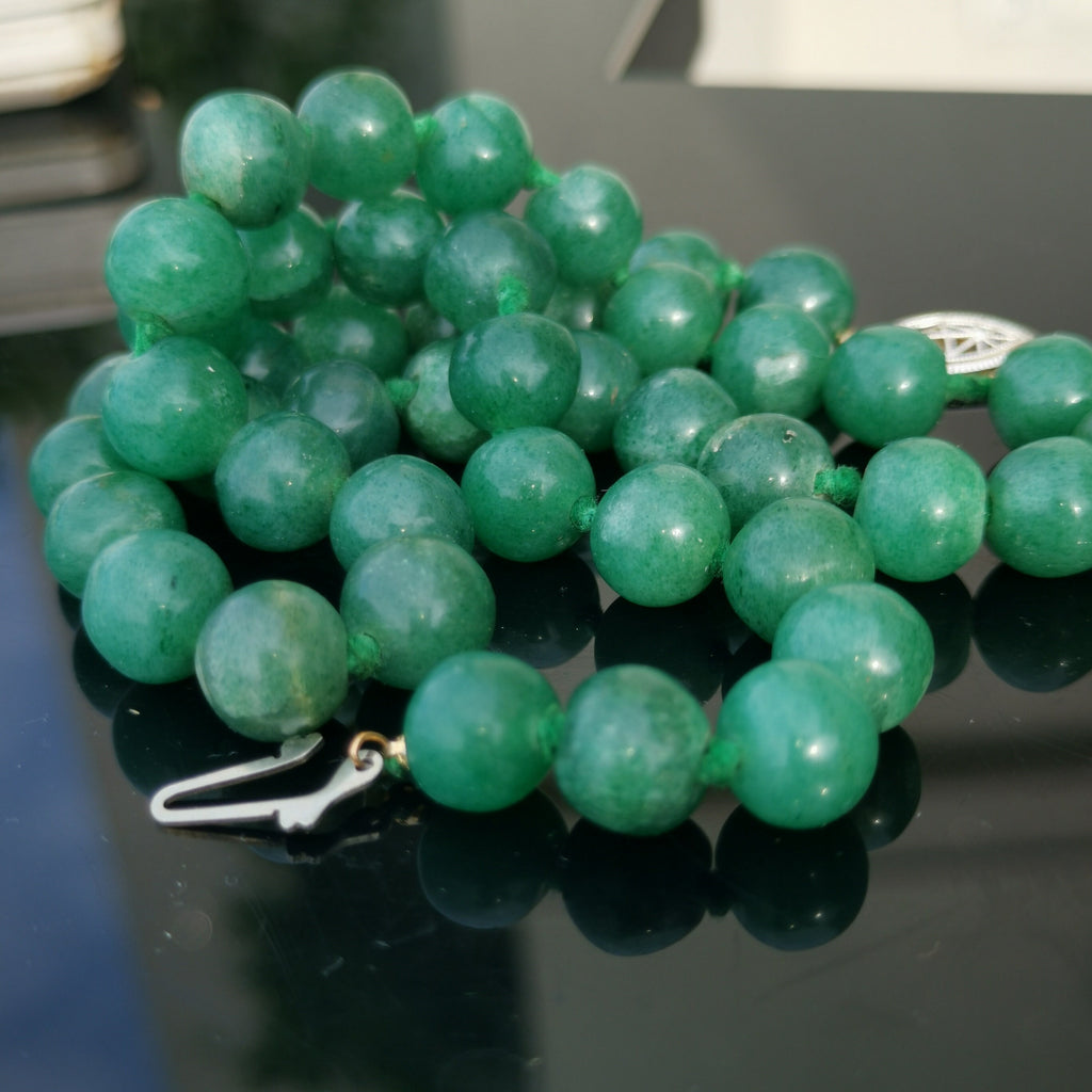1930s Art Deco Natural Green Aventurine Beaded Statement Elegant Necklace Sterling Silver Clasp Gift for Her Present