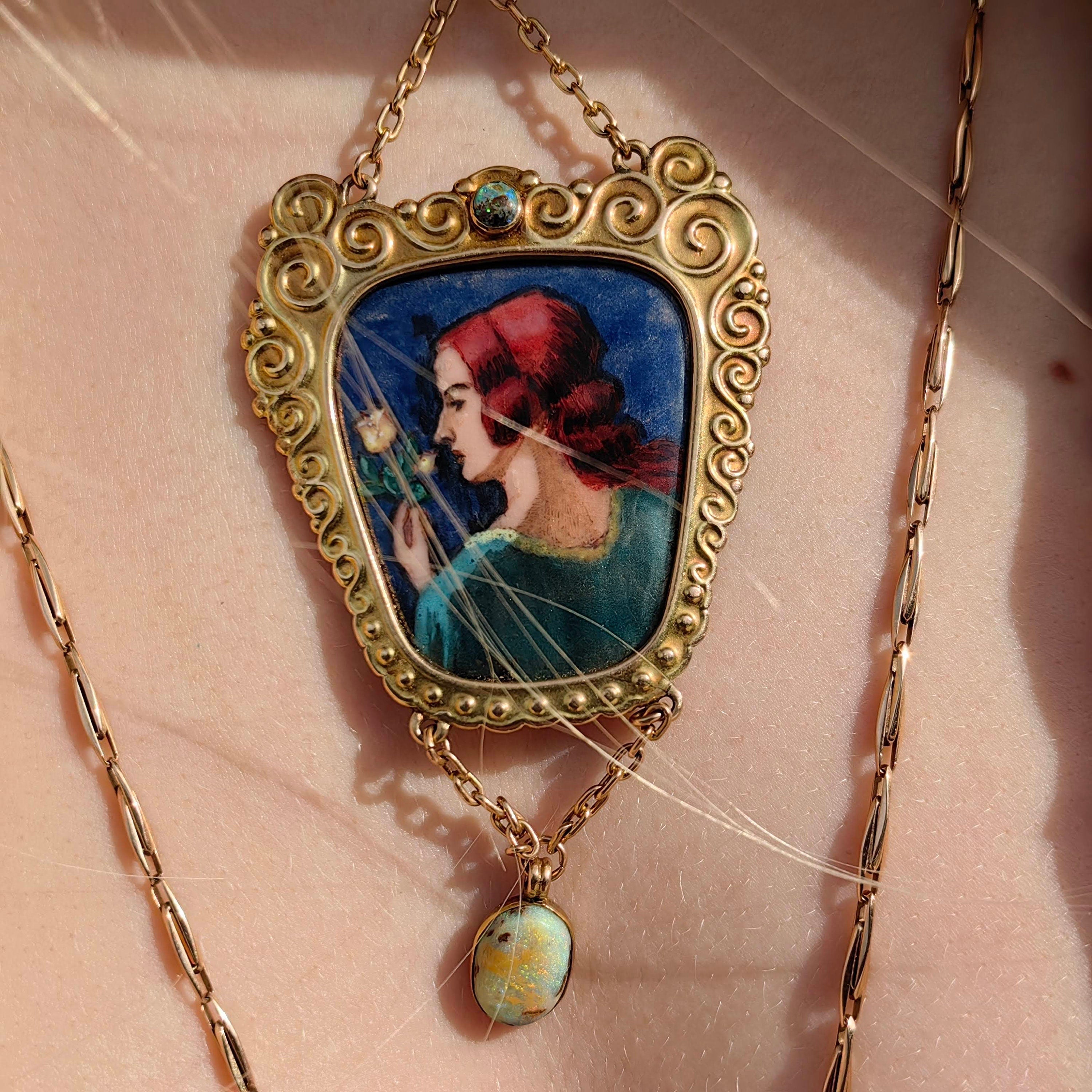 Art Nouveau Antique Vintage Gold Enamel Portrait Opal and Turquoise Pendant