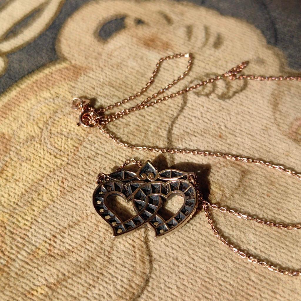 Antique Rose cut Natural Diamond Heart Shaped Love Romantic Pendant Necklace  14k Solid Yellow Gold & Silver Elegant Necklace