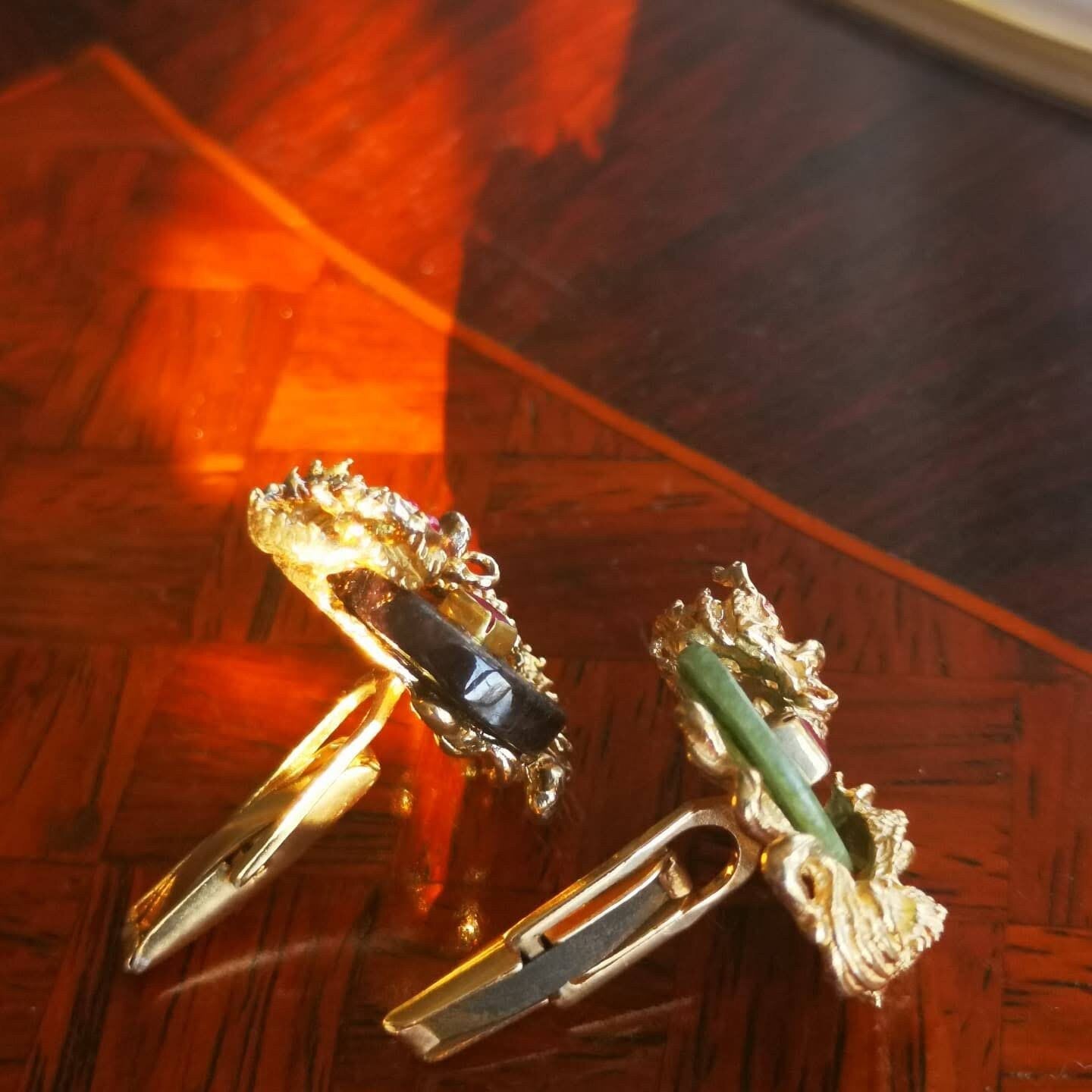 Purple and Green Jade Silver Gold Plated Dragon Chinese style Cufflinks