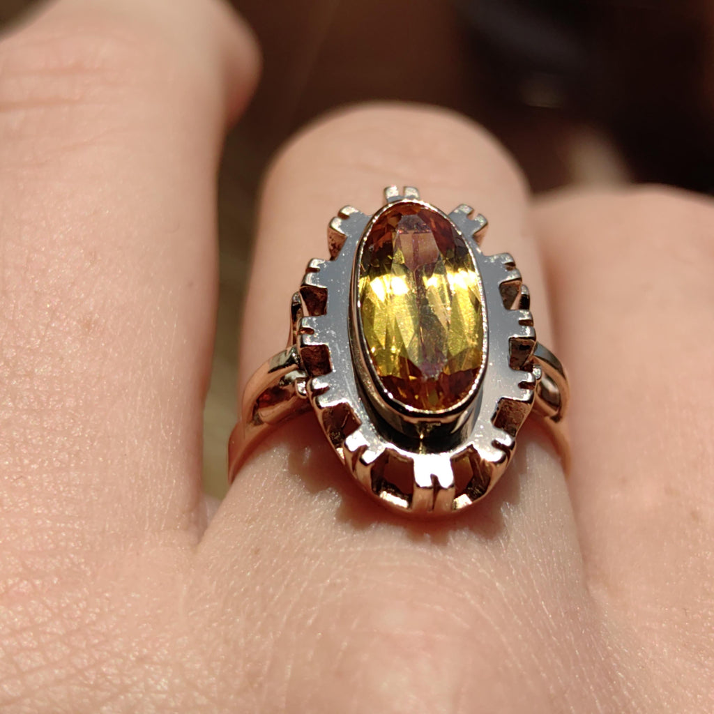 Art Deco Citrine Statement Ring: 14k Yellow & Rose Gold, 1940s Vintage