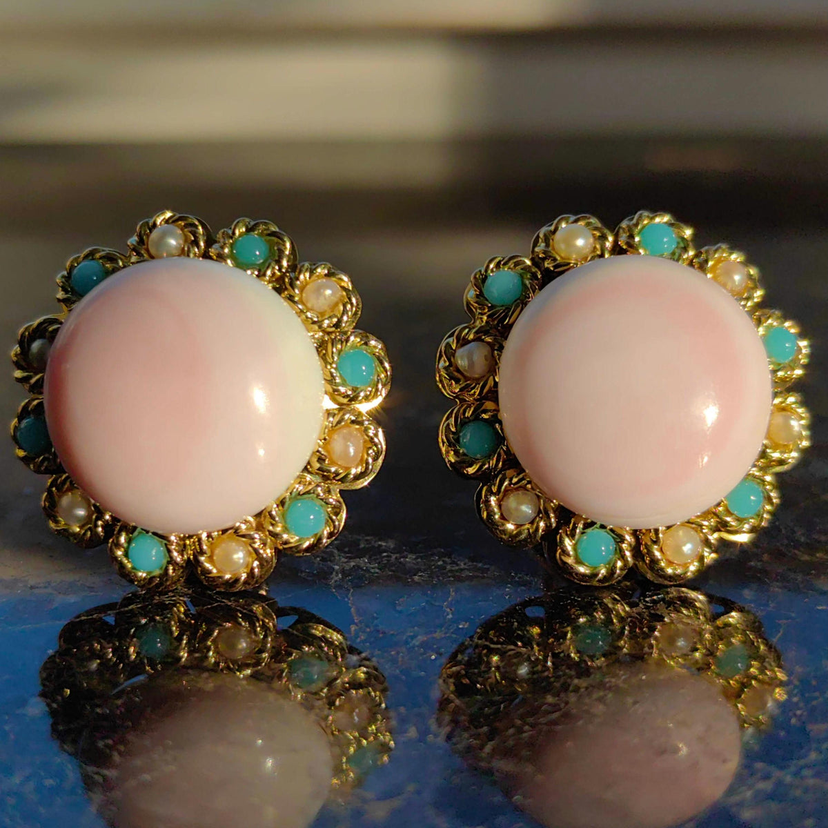 Vintage 1960s Angel Skin Coral 18k Gold Earrings: Turquoise & Pearl Halo