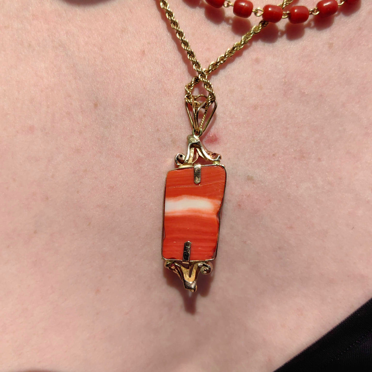 Art Deco Antique Vintage Coral Diamond and Ruby Gold Hand Carved Pendant