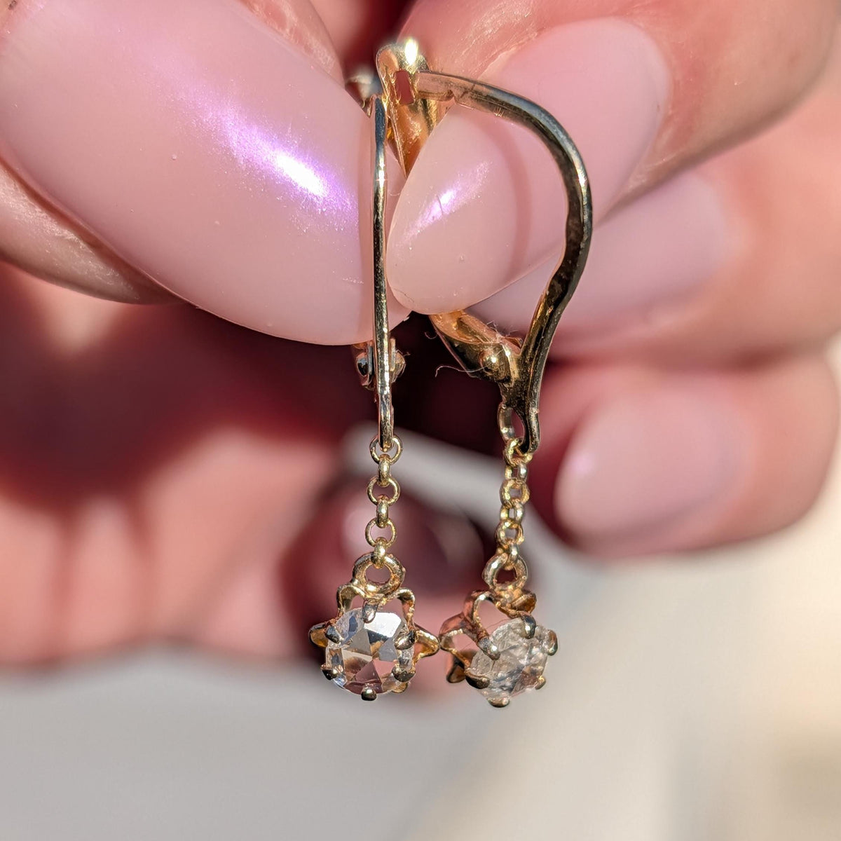 1950s Holland Rose Cut Diamond Dangle Earrings 14k 585 Yellow Gold, Vintage Lever Back Drop Statement Gift for Her