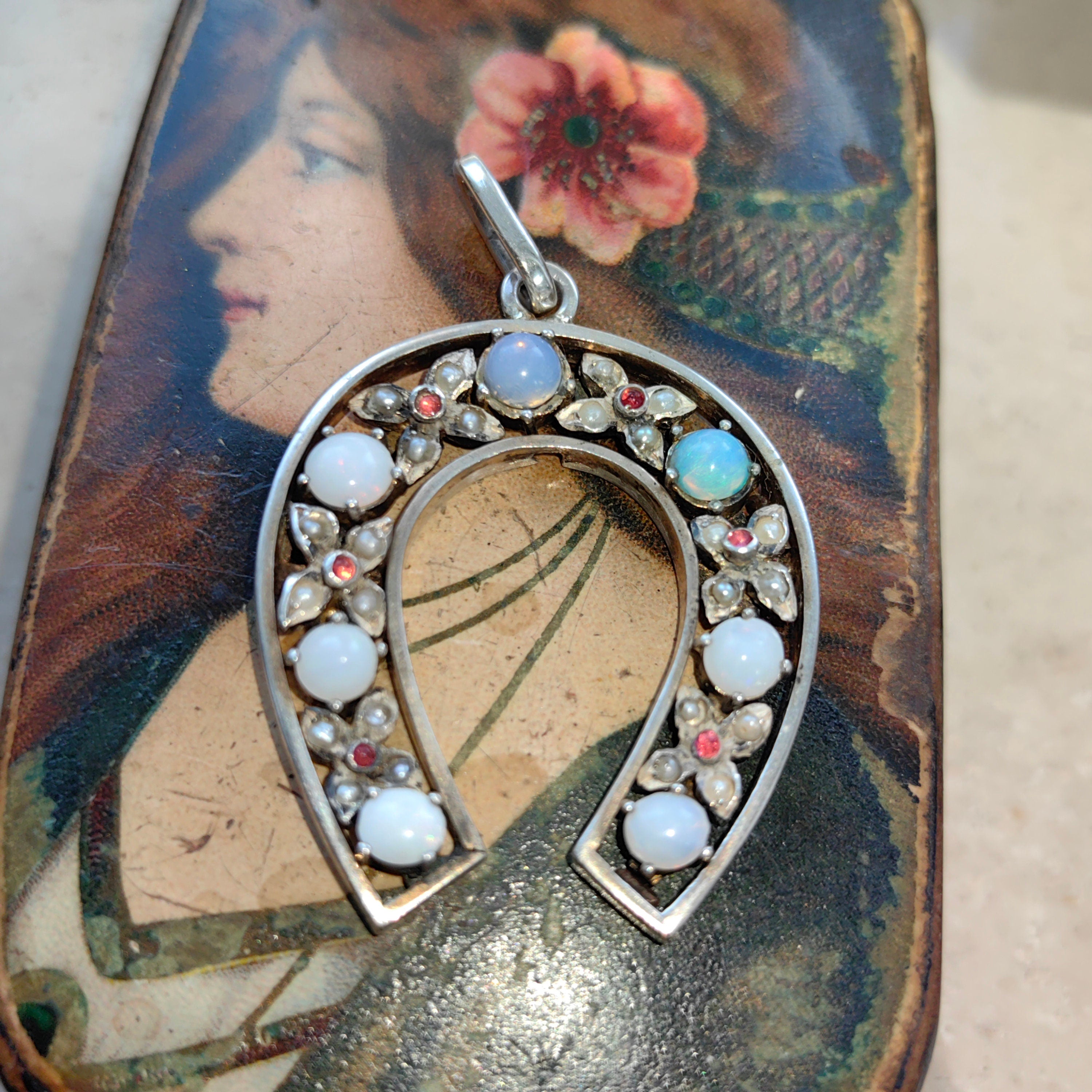 Antique Art Nouveau Silver Horseshoe Pendant: Moonstone, Pearl & Ruby