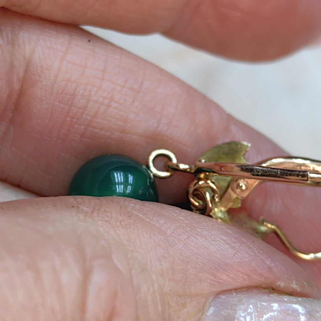 Green Chalcedony 14k Gold Earrings: Vintage 1950s Dormeuse Style
