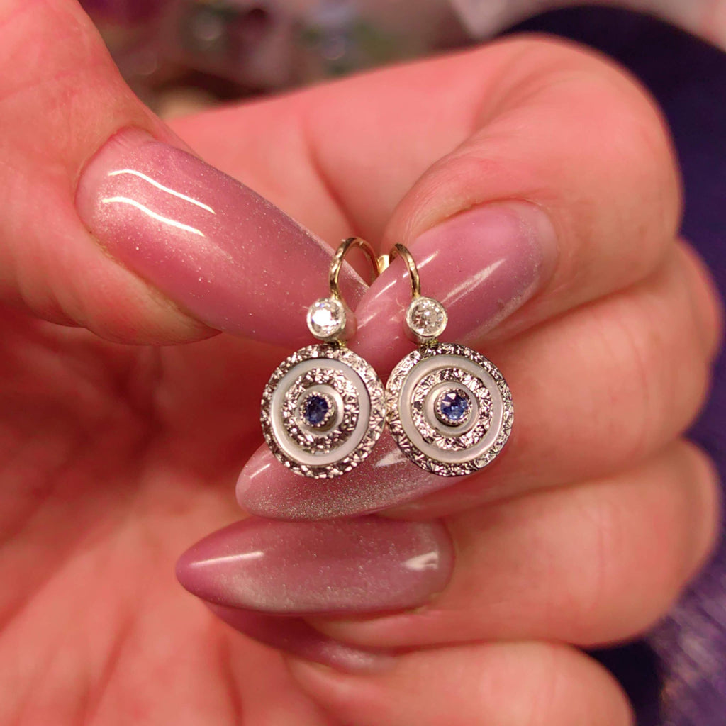 1920s Art Deco Antique Diamond and Sapphire Solid Yellow Gold Elegant Statement Earrings Lever Back Closure Gift for Her
