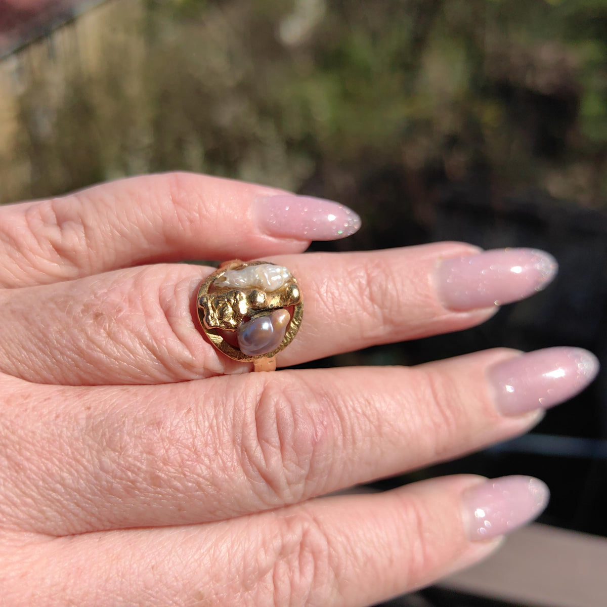 18k Gold Nugget Ring: Two-Tone Pearl Boho Ring