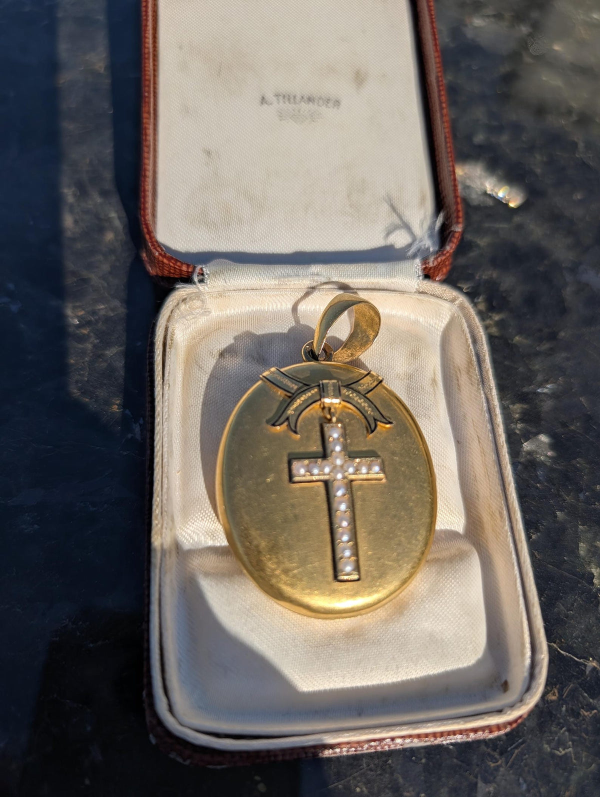 Antique pearl cross locket in presentation box