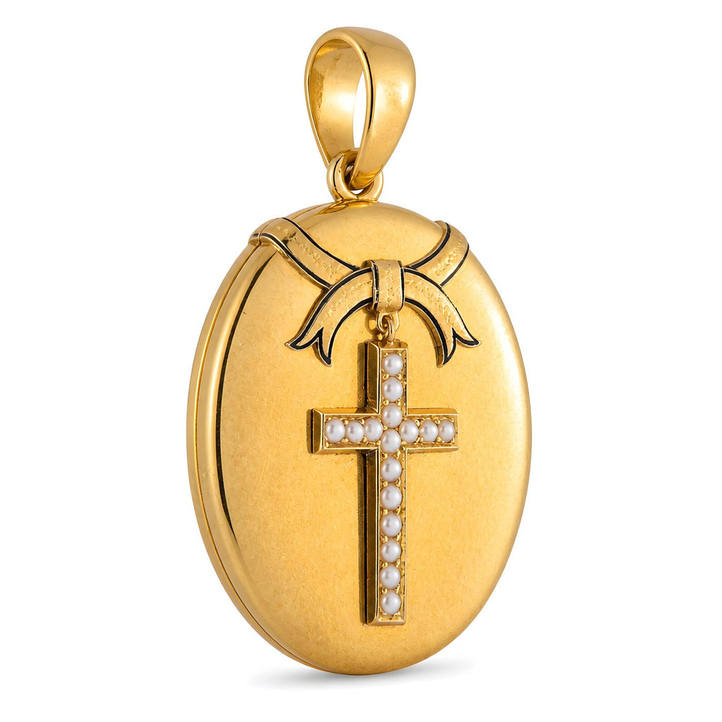 Pearl cross Victorian locket close-up