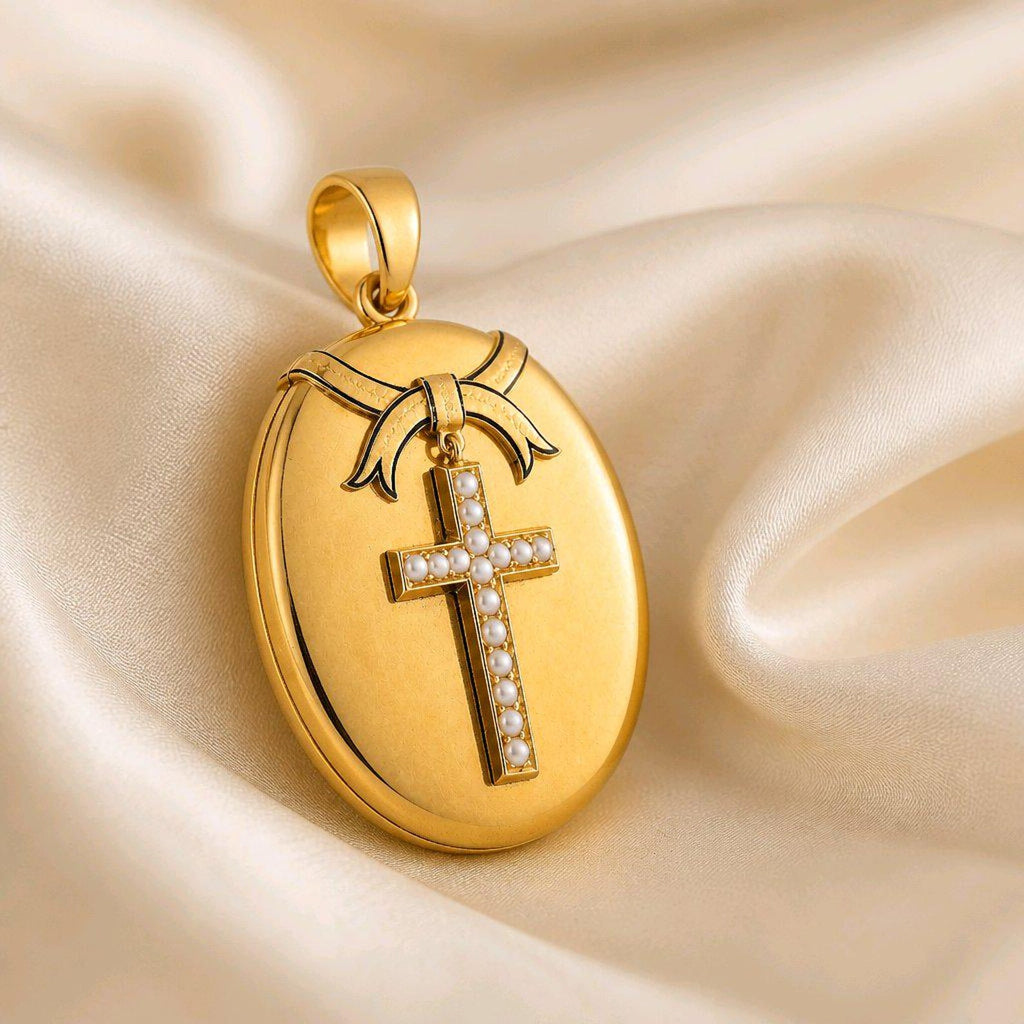 Victorian 18k gold locket with pearl cross and bow