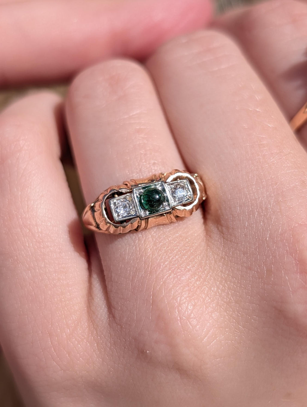 1930s Art Deco natural emerald and Old European cut diamond three-stone ring in solid 14k yellow rose gold