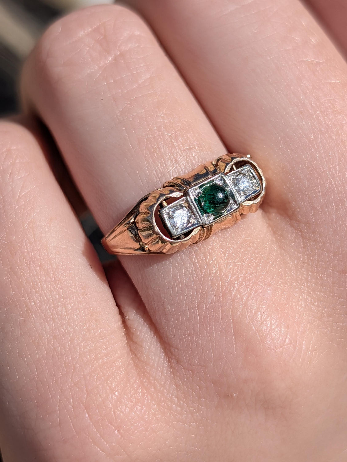 1930s Art Deco natural emerald and Old European cut diamond three-stone ring in solid 14k yellow rose gold