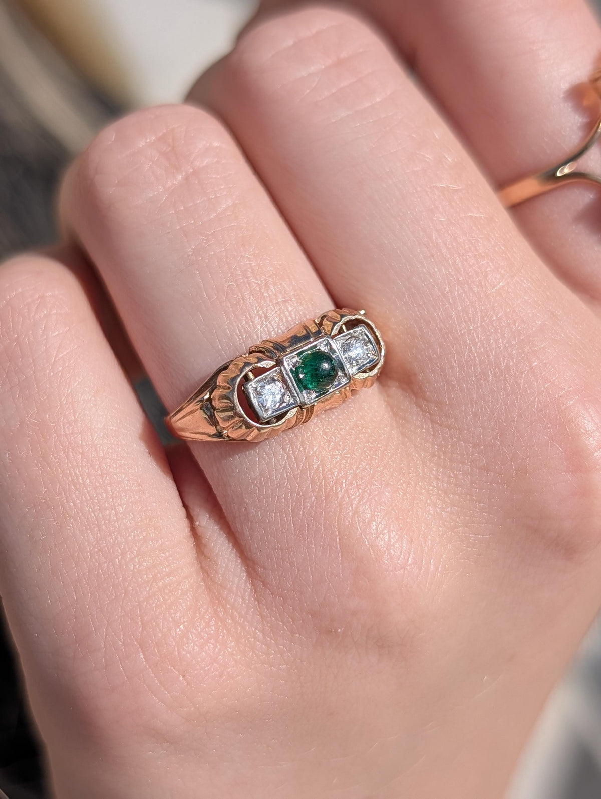 1930s Art Deco natural emerald and Old European cut diamond three-stone ring in solid 14k yellow rose gold