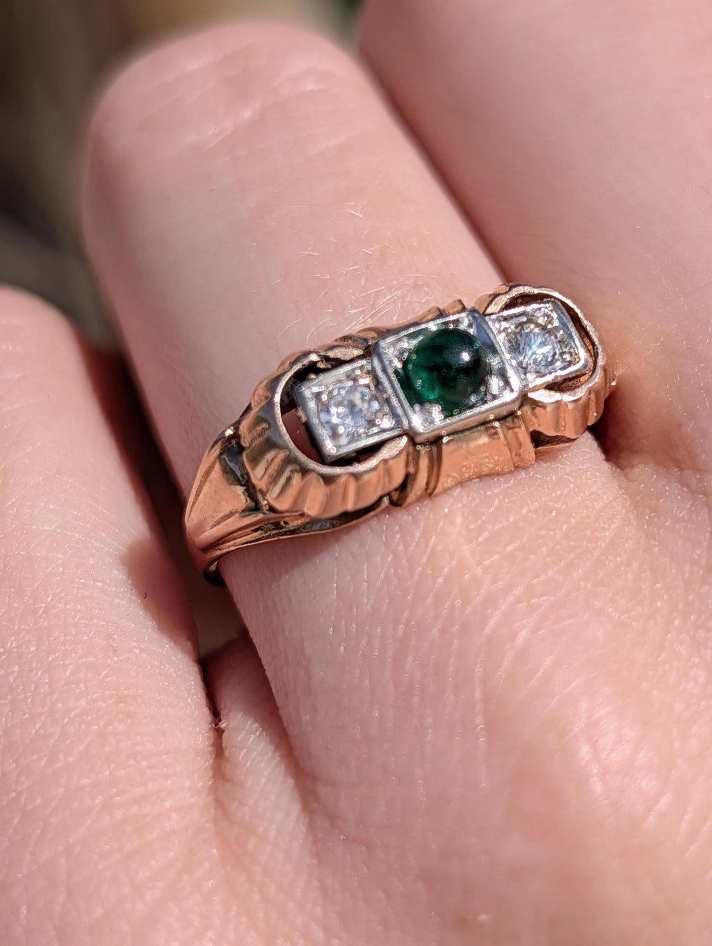 1930s Art Deco natural emerald and Old European cut diamond three-stone ring in solid 14k yellow rose gold