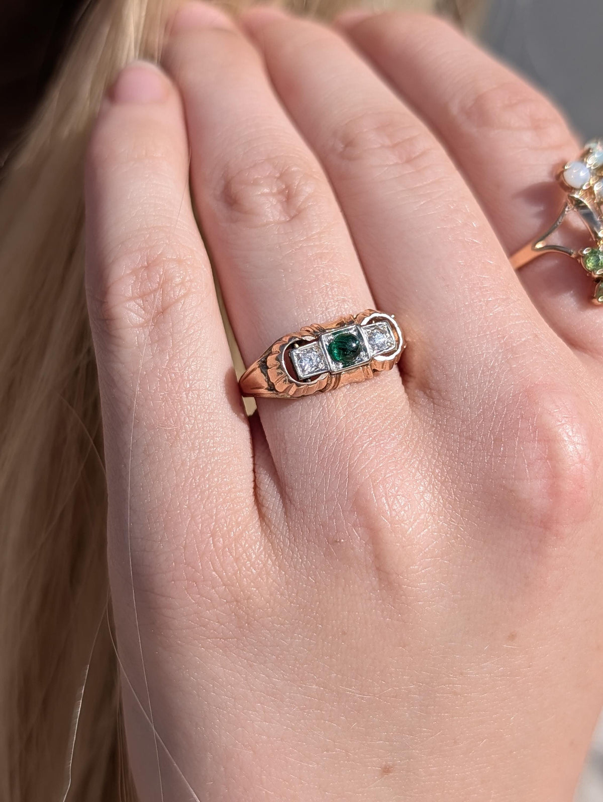 1930s Art Deco natural emerald and Old European cut diamond three-stone ring in solid 14k yellow rose gold