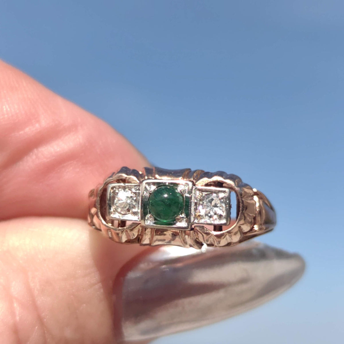 1930s Art Deco natural emerald and Old European cut diamond three-stone ring in solid 14k yellow rose gold