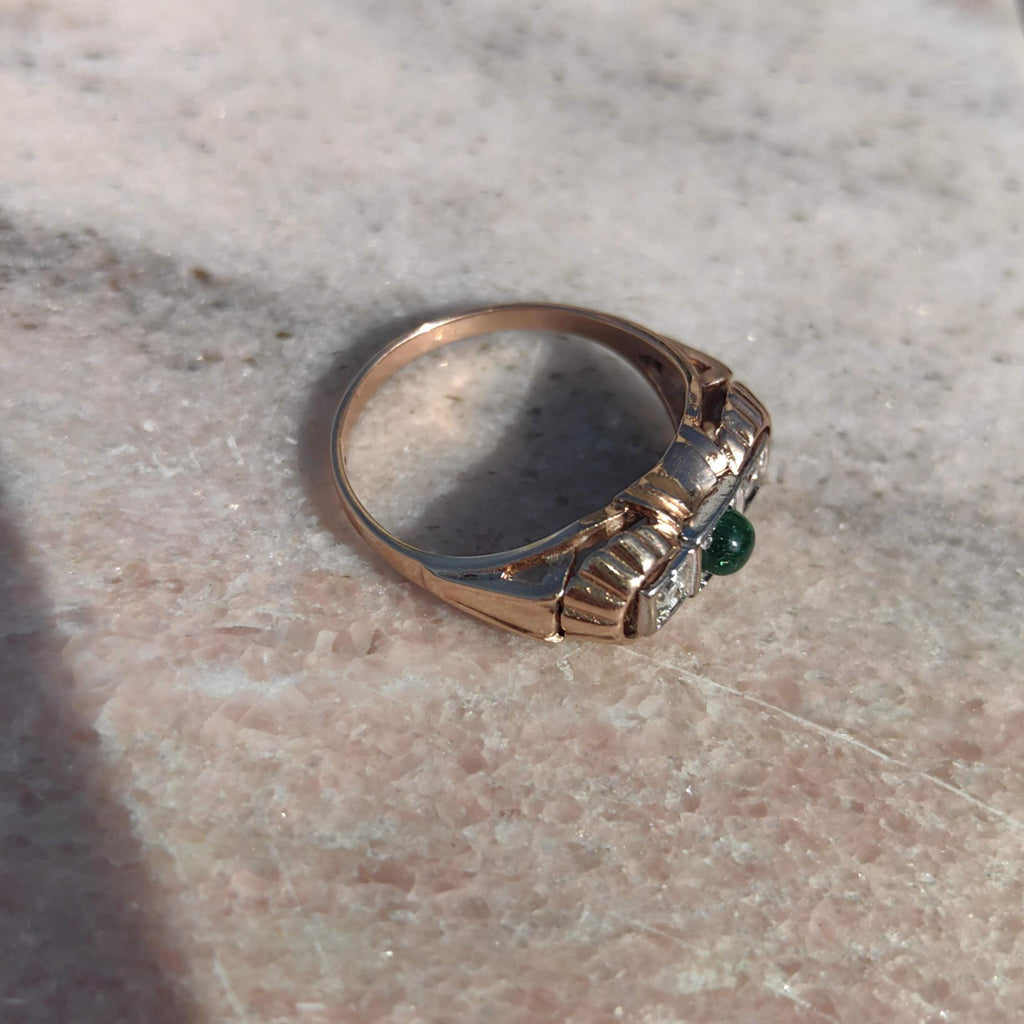 1930s Art Deco natural emerald and Old European cut diamond three-stone ring in solid 14k yellow rose gold