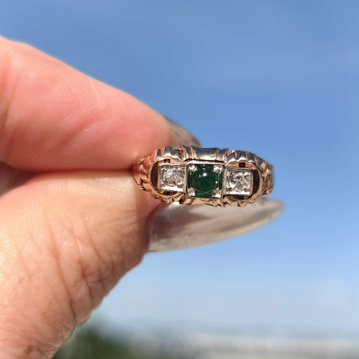 1930s Art Deco natural emerald and Old European cut diamond three-stone ring in solid 14k yellow rose gold