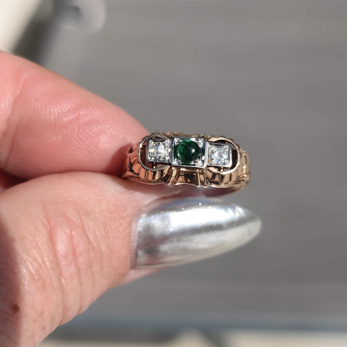1930s Art Deco natural emerald and Old European cut diamond three-stone ring in solid 14k yellow rose gold