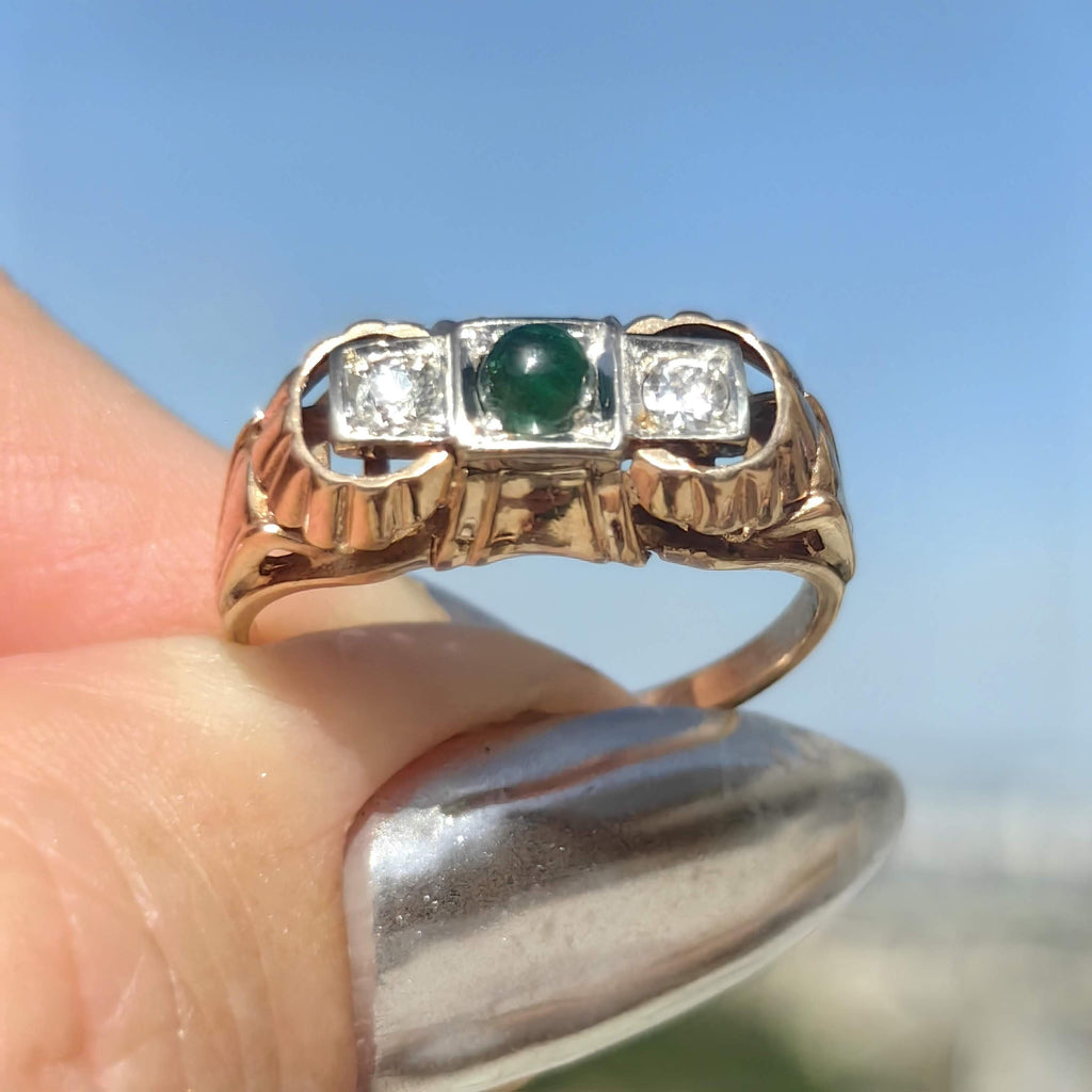 1930s Art Deco natural emerald and Old European cut diamond three-stone ring in solid 14k yellow rose gold