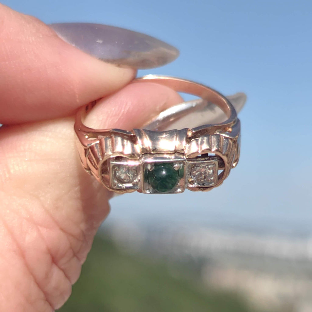 1930s Art Deco natural emerald and Old European cut diamond three-stone ring in solid 14k yellow rose gold