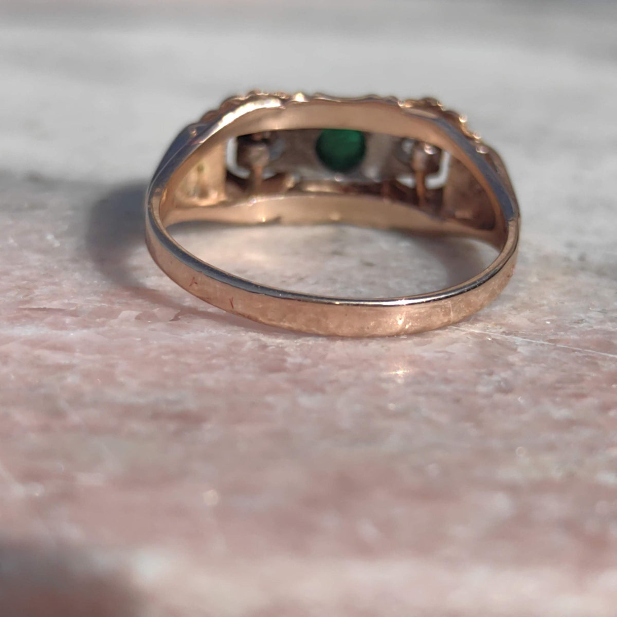 1930s Art Deco natural emerald and Old European cut diamond three-stone ring in solid 14k yellow rose gold