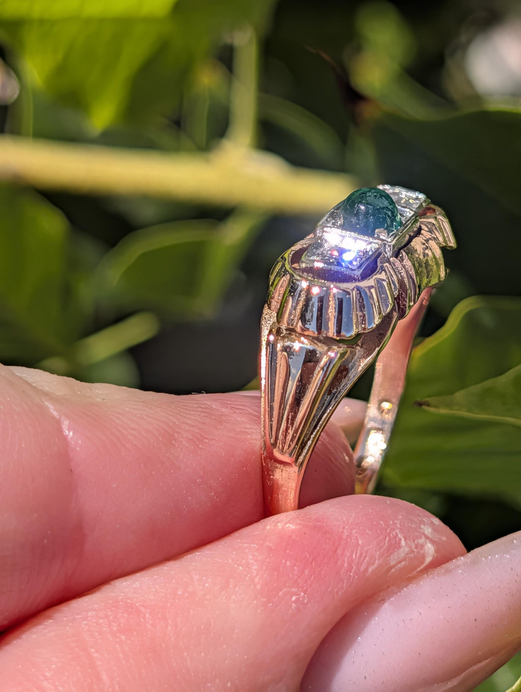 1930s Art Deco natural emerald and Old European cut diamond three-stone ring in solid 14k yellow rose gold