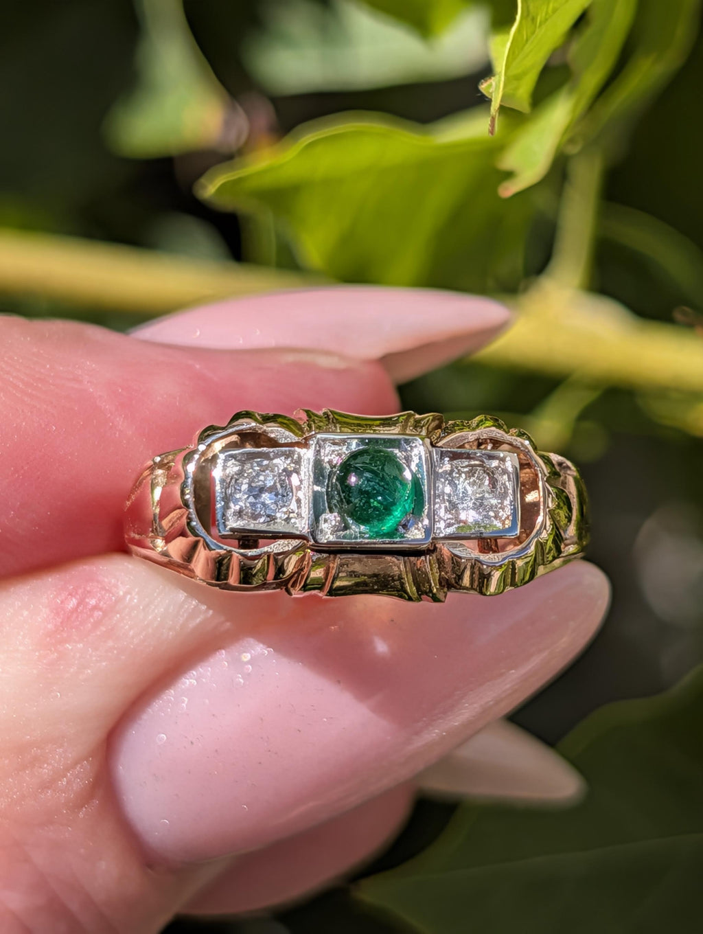 1930s Art Deco natural emerald and Old European cut diamond three-stone ring in solid 14k yellow rose gold