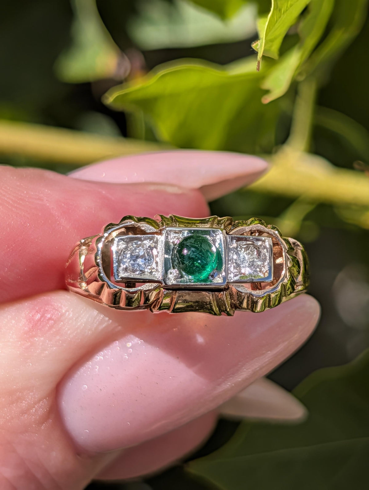 1930s Art Deco natural emerald and Old European cut diamond three-stone ring in solid 14k yellow rose gold