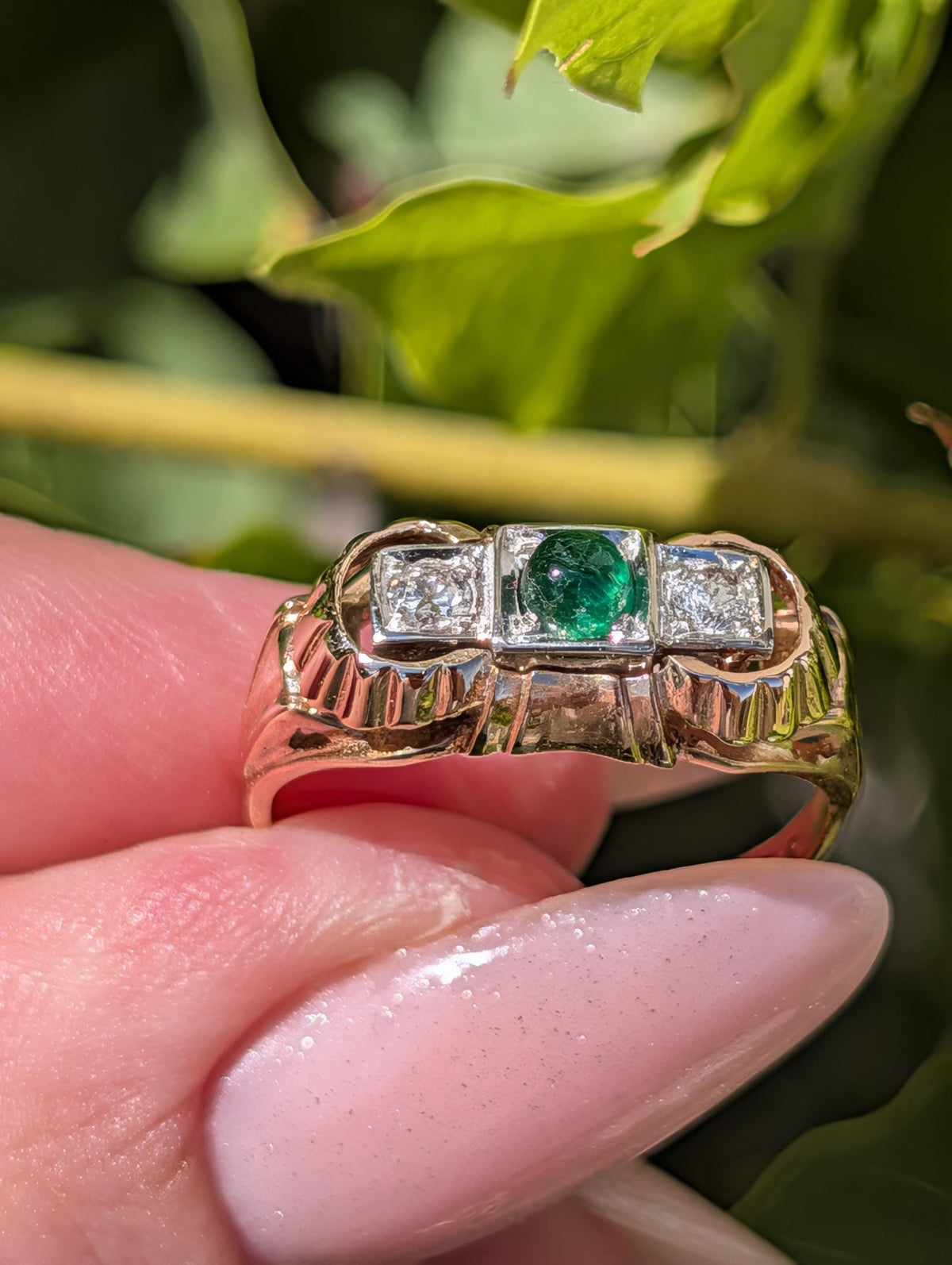 1930s Art Deco natural emerald and Old European cut diamond three-stone ring in solid 14k yellow rose gold