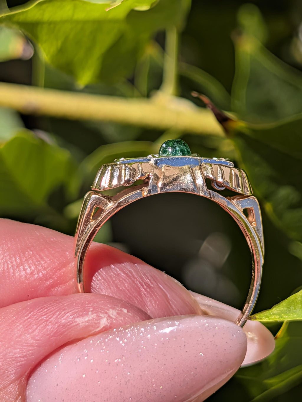 1930s Art Deco natural emerald and Old European cut diamond three-stone ring in solid 14k yellow rose gold