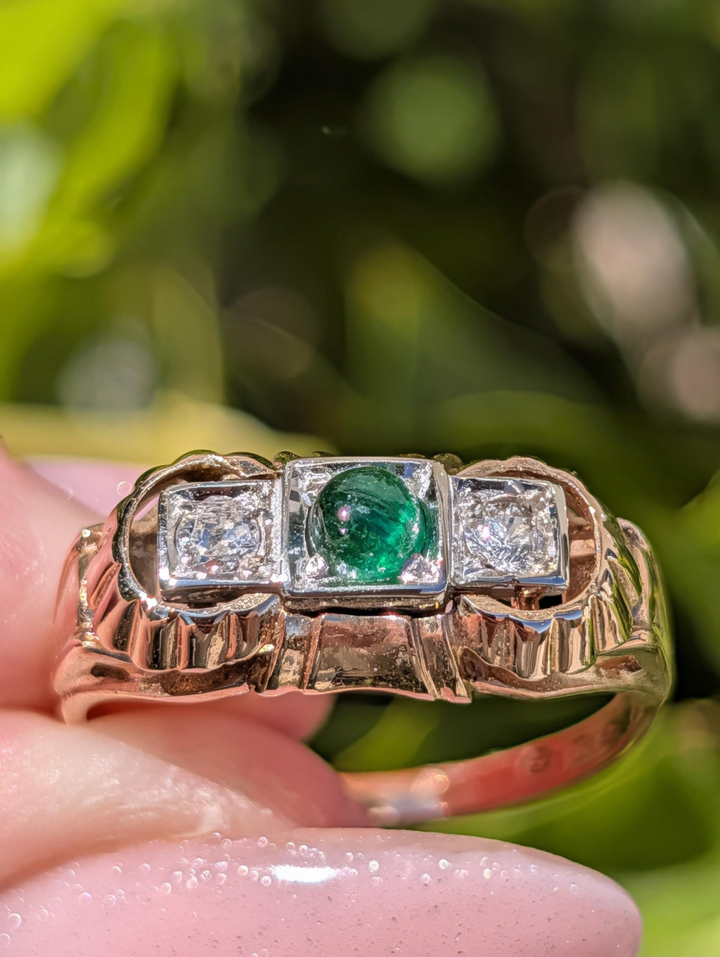 1930s Art Deco natural emerald and Old European cut diamond three-stone ring in solid 14k yellow rose gold