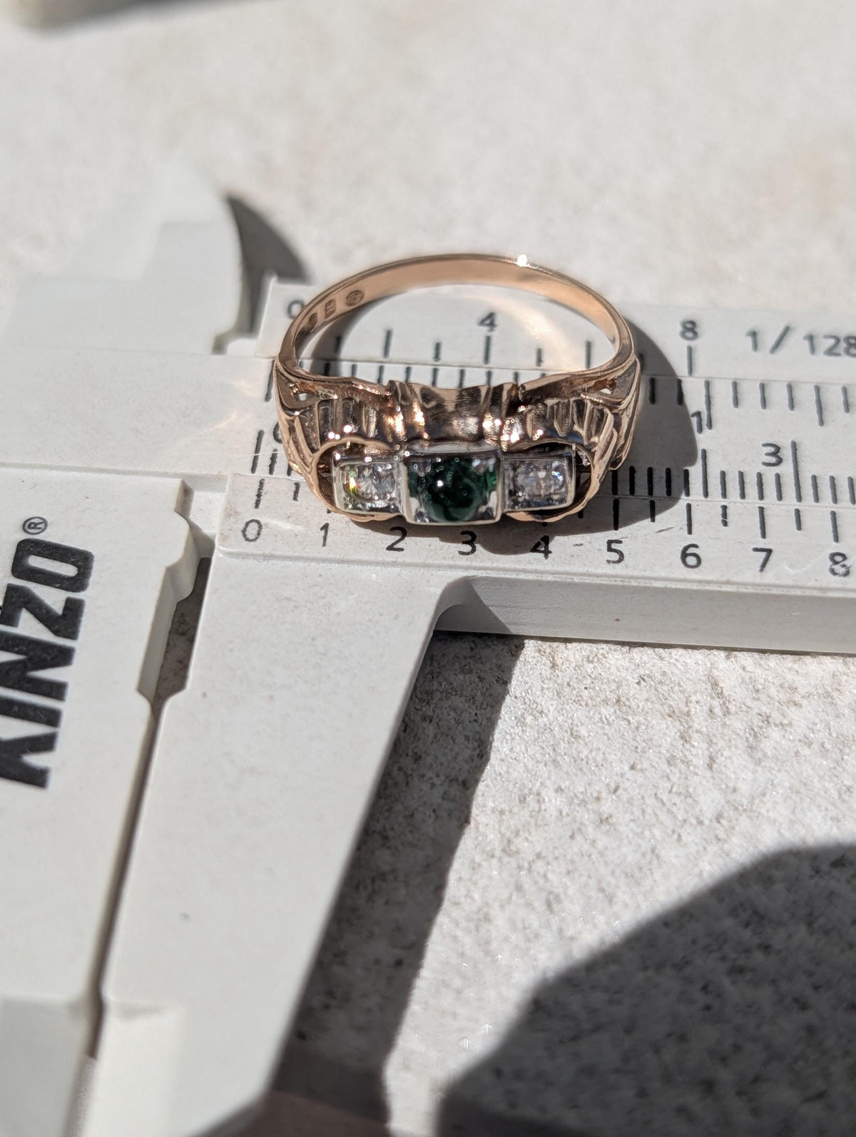 1930s Art Deco natural emerald and Old European cut diamond three-stone ring in solid 14k yellow rose gold