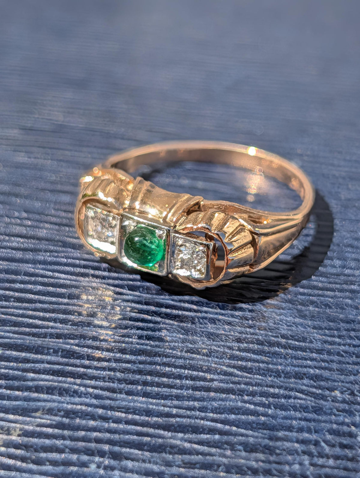 1930s Art Deco natural emerald and Old European cut diamond three-stone ring in solid 14k yellow rose gold
