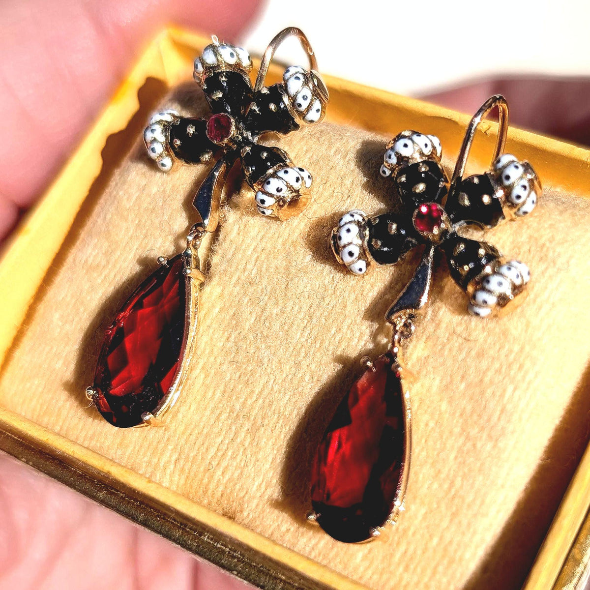 Antique 14k gold enamel garnet Moretti earrings – photo 1