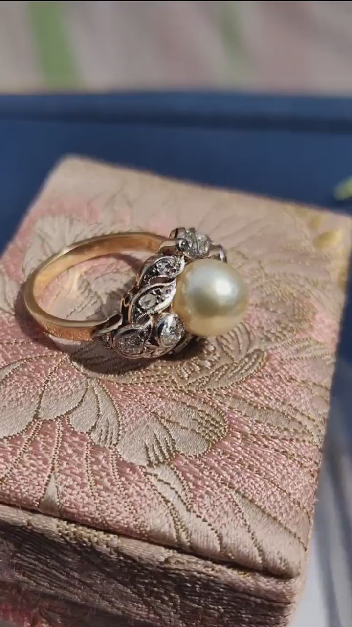 Antique 1920s Art Deco Pearl Diamond Ring, 14K Gold and Silver Filigree Floral Setting, 0.58ct