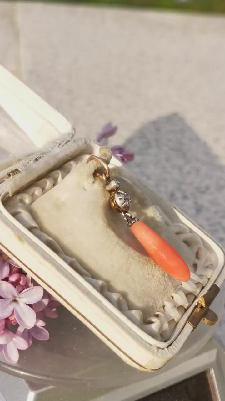Victorian 1880s Mediterranean Coral Diamond Pendant, 14K Gold Silver Antique Drop Charm, HTS 9706