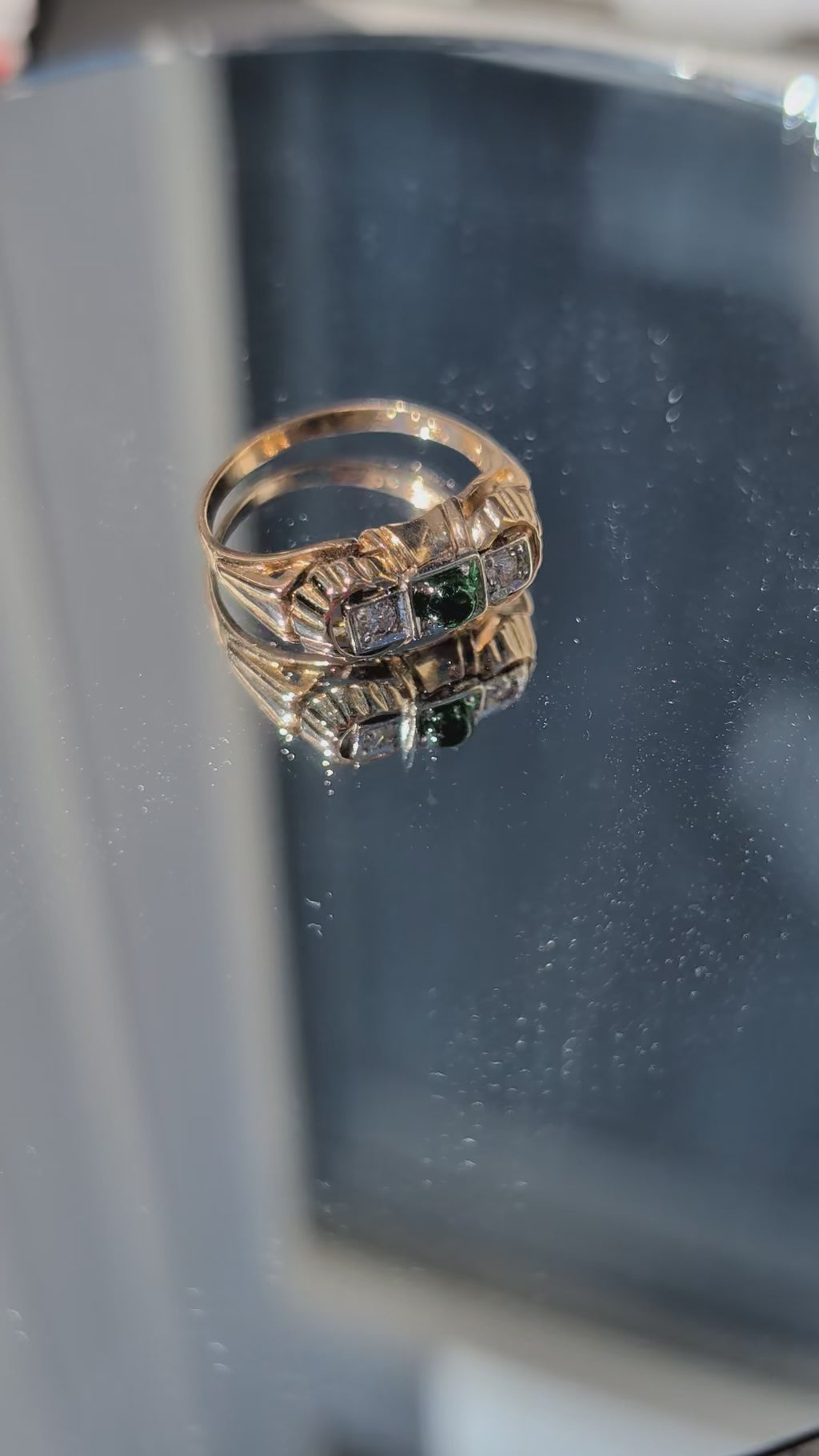 1930s Art Deco Emerald Diamond Ring 14k Yellow Rose Gold, Old European Cut Three Stone Chevalier Ring, Antique US Size 8