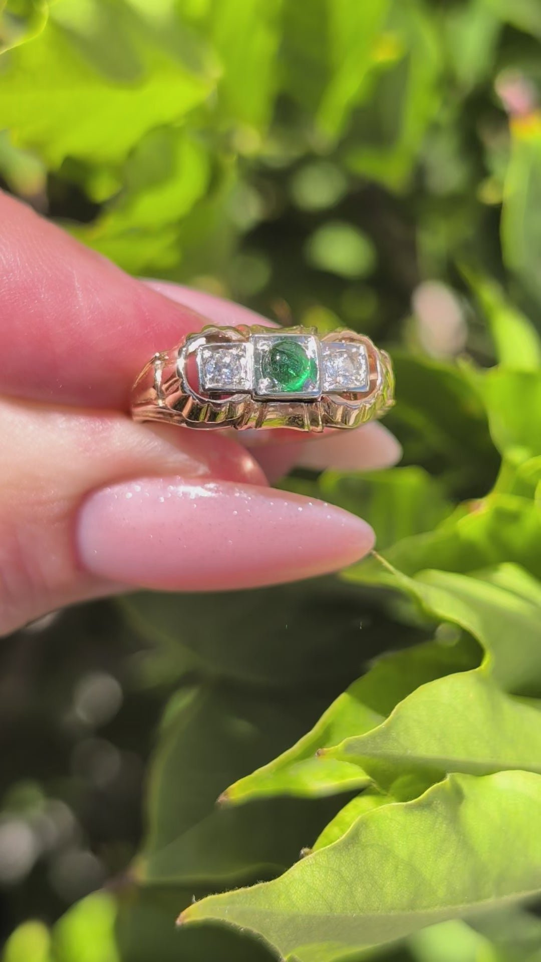 1930s Art Deco Emerald Diamond Ring 14k Yellow Rose Gold, Old European Cut Three Stone Chevalier Ring, Antique US Size 8
