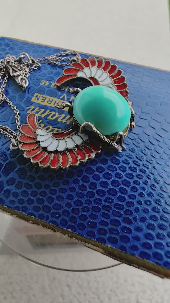 Antique 1920s Art Deco Egyptian Revival Winged Scarab Necklace, Turquoise Enamel Silver Pendant, HTS 9706