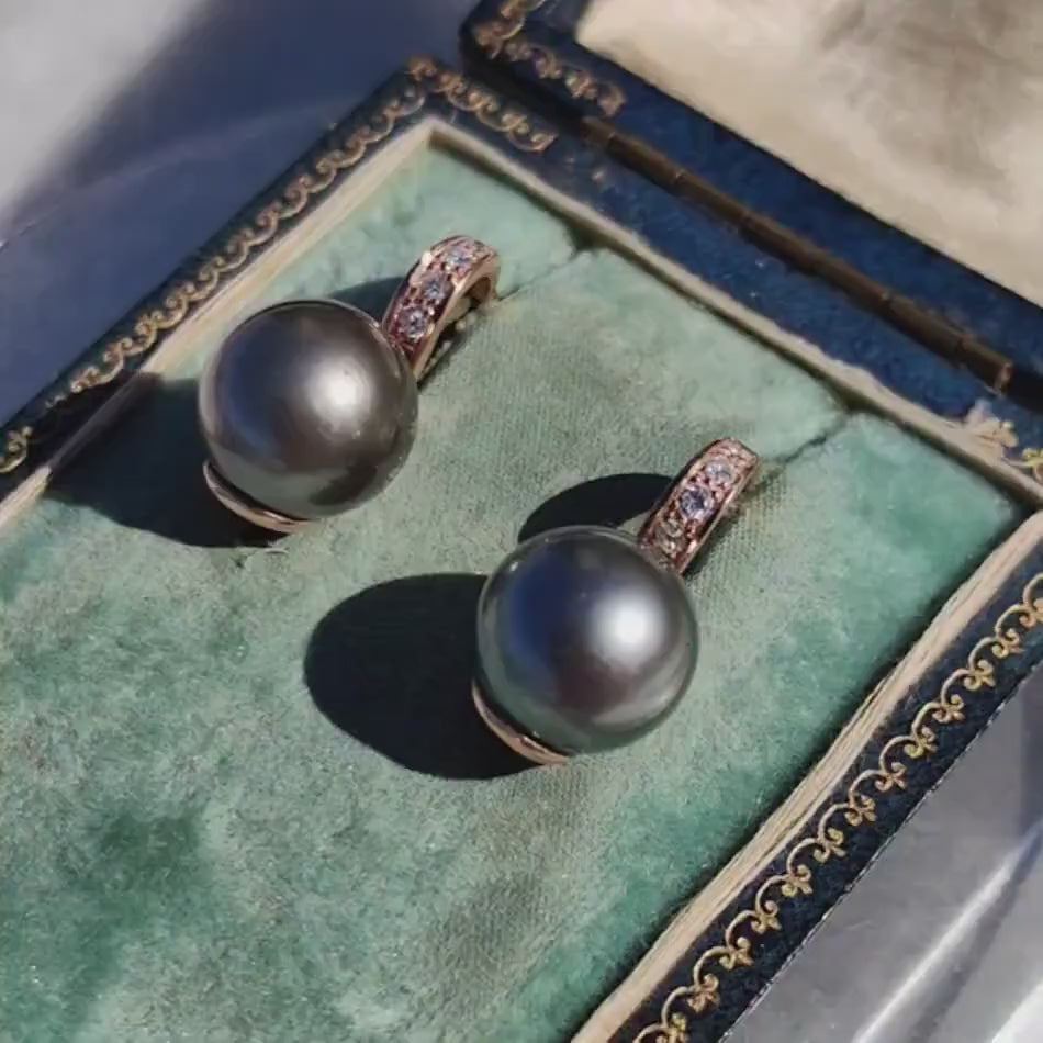 Vintage 1970s 11mm Tahitian Pearl Diamond Earrings, 14K Gold, French Polynesia Grey Blue Pearls, 0.24ct